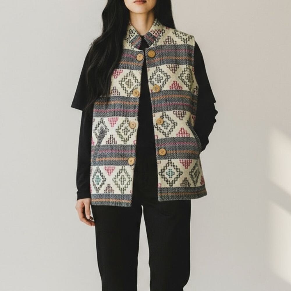 SamSara Gear Wool Vest Vintage Women's Sz M Multicolor Embroidered Hippie Boho